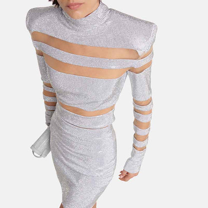 Women Bling Bling Rhinestones Mesh Sexy Fitted Crop Top + Mini Skirt Suit Party Suit