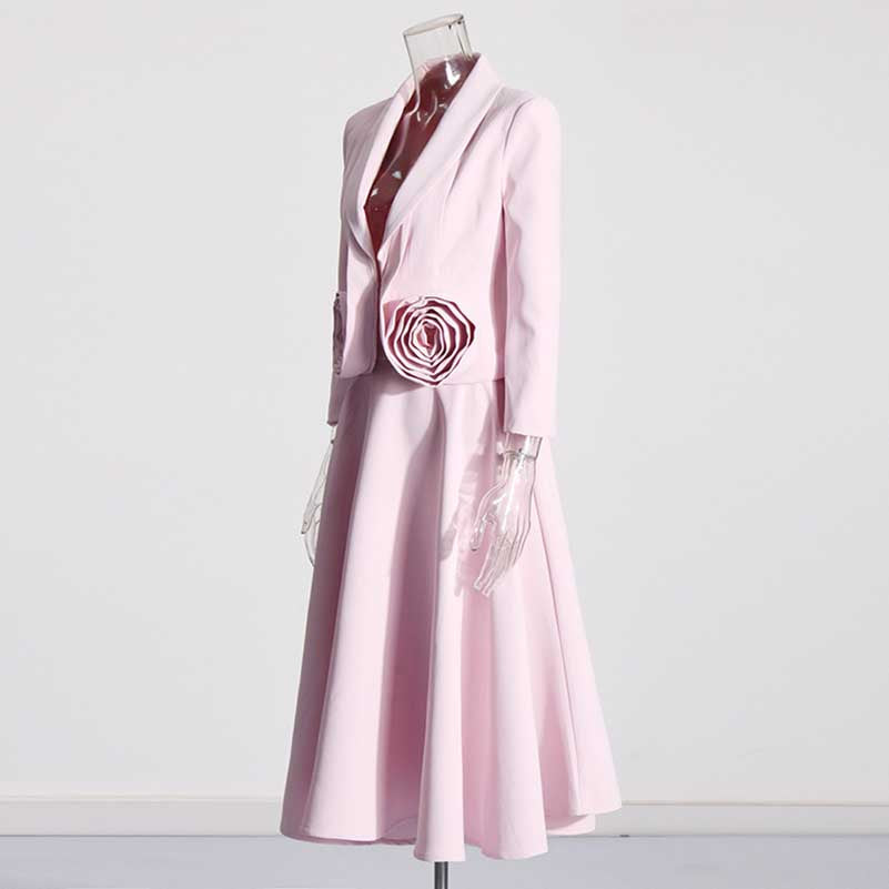 2-Piece 3D Rose Blazer With Pleated Skirt Suit