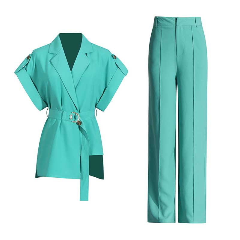 Womens Turquoise Pantsuit Summer Two Pieces Suit Trendy Wide-Legs Suit