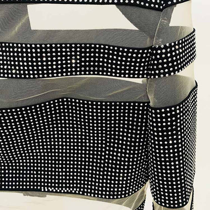 Women Bling Bling Rhinestones Mesh Sexy Fitted Crop Top + Mini Skirt Suit Party Suit