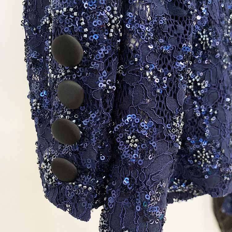 Women's Navy Blue Sequin Laced Blazer Suit Two Pieces Formal Pantsuit