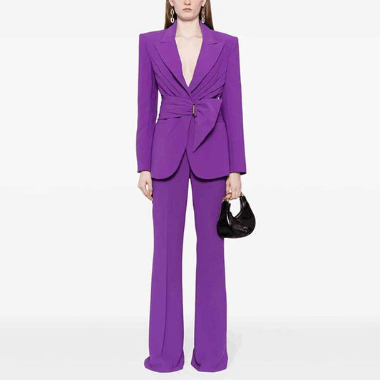 Women Pantsuits With Belt Flare Bottoms Two Pieces Formal Suit Slim Fitted Suit
