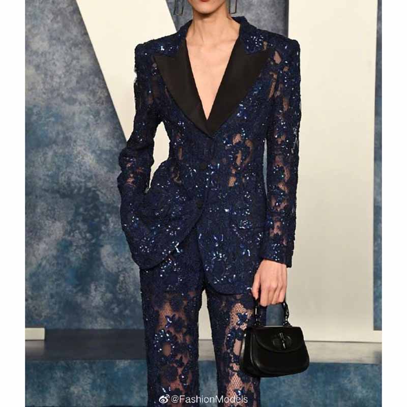 Women's Navy Blue Sequin Laced Blazer Suit Two Pieces Formal Pantsuit