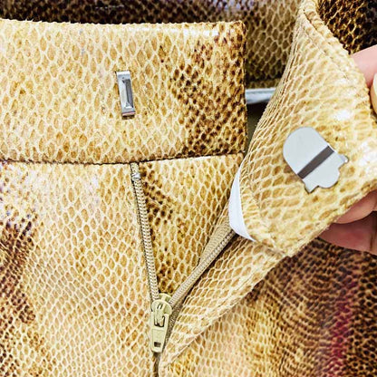 Women's Snake Patterned Pantsuit Leather Jacket and Flare Bottoms Two Pieces Suit