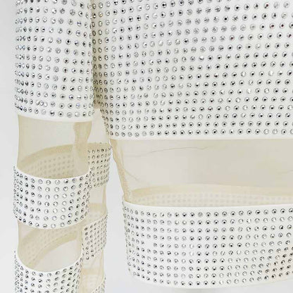 Women Bling Bling Rhinestones Mesh Sexy Fitted Crop Top + Mini Skirt Suit Party Suit