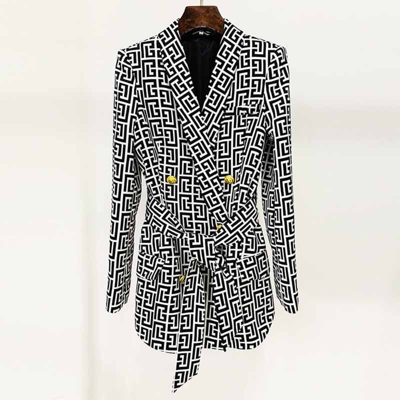 Women Chic Maze Double Breasted Belted Blazer + Elastic Waist Trousers Pants Suit