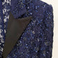 Women's Navy Blue Sequin Laced Blazer Suit Two Pieces Formal Pantsuit