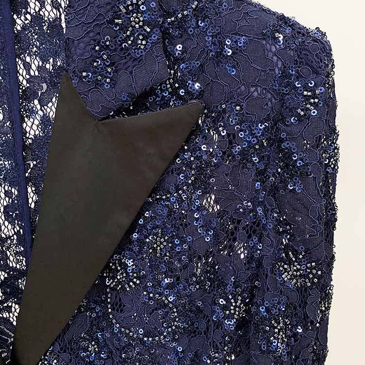 Women's Navy Blue Sequin Laced Blazer Suit Two Pieces Formal Pantsuit