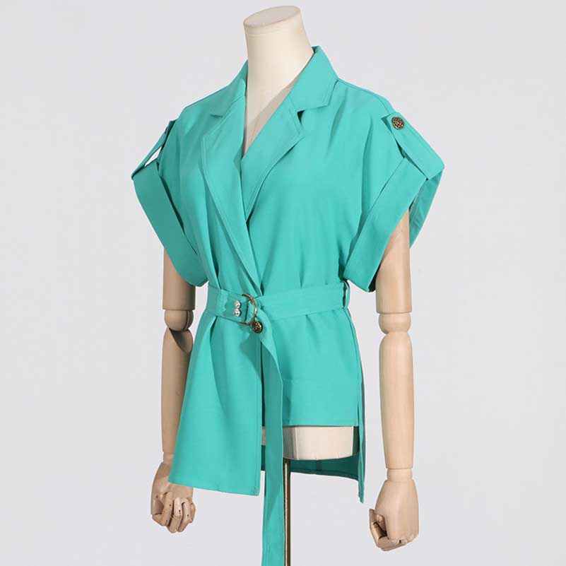 Womens Turquoise Pantsuit Summer Two Pieces Suit Trendy Wide-Legs Suit