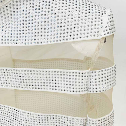 Women Bling Bling Rhinestones Mesh Sexy Fitted Crop Top + Mini Skirt Suit Party Suit