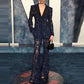 Women's Navy Blue Sequin Laced Blazer Suit Two Pieces Formal Pantsuit