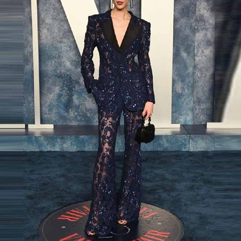 Women's Navy Blue Sequin Laced Blazer Suit Two Pieces Formal Pantsuit