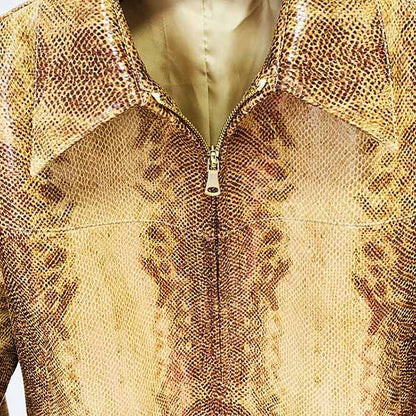 Women's Snake Patterned Pantsuit Leather Jacket and Flare Bottoms Two Pieces Suit