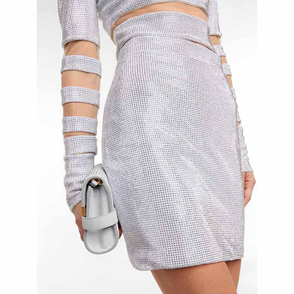 Women Bling Bling Rhinestones Mesh Sexy Fitted Crop Top + Mini Skirt Suit Party Suit