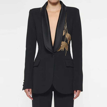 Women Satin Collar Event Pantsuit Bell-bottom Trousers Suit with Beaded