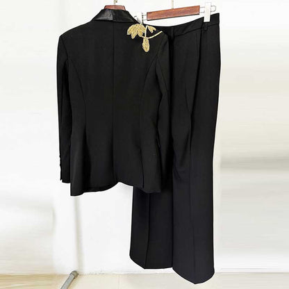Women Satin Collar Event Pantsuit Bell-bottom Trousers Suit with Beaded