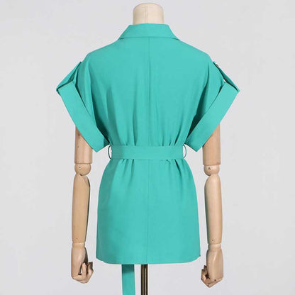 Womens Turquoise Pantsuit Summer Two Pieces Suit Trendy Wide-Legs Suit