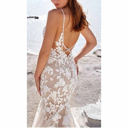 Mermaid V-neck Chapel Train Boho Wedding Dresses With Appliques Lace