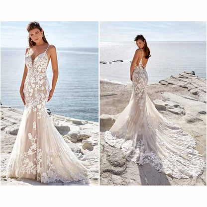 Mermaid V-neck Chapel Train Boho Wedding Dresses With Appliques Lace