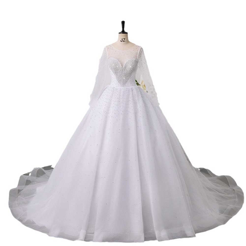 Elegant sweetheart tulle wedding dress with intricate beading and flowing sleeves