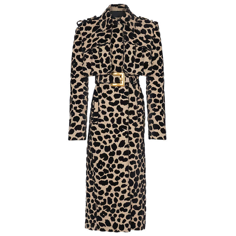 Tailored animal print long coat featuring a belted waist and stylish leopard pattern