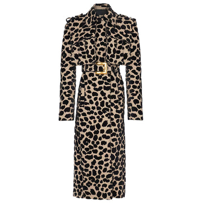 Tailored animal print long coat featuring a belted waist and stylish leopard pattern