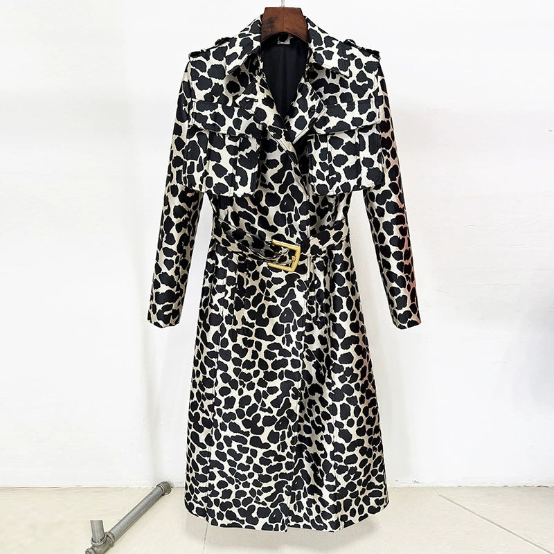 Stylish tailored animal print long coat with a belted waist and button detailing
