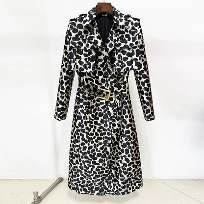 Stylish tailored animal print long coat with a belted waist and button detailing