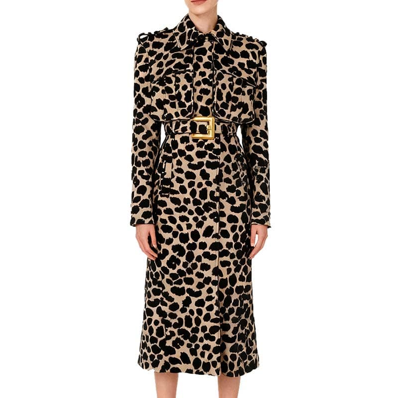 Elegant tailored animal print long coat featuring a belt and stylish button details