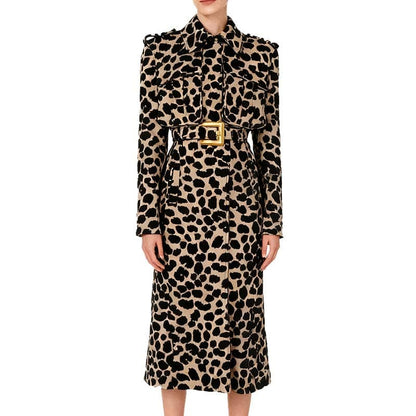 Elegant tailored animal print long coat featuring a belt and stylish button details