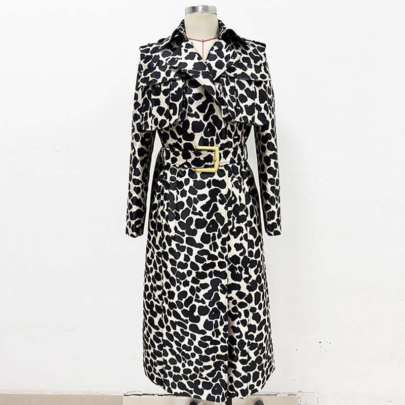 Stylish tailored animal print long coat with a belted waist and chic design for a trendy look