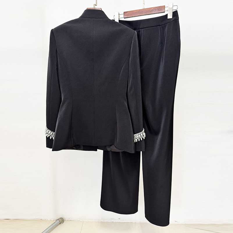 SD Dresscode tailored wide leg trousers suit for women in black with elegant detailing on the jacket