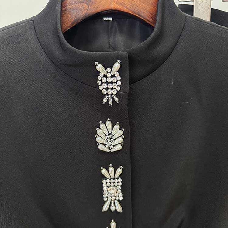 Elegant tailored wide leg trousers suit for women featuring decorative crystal buttons and a sleek collar