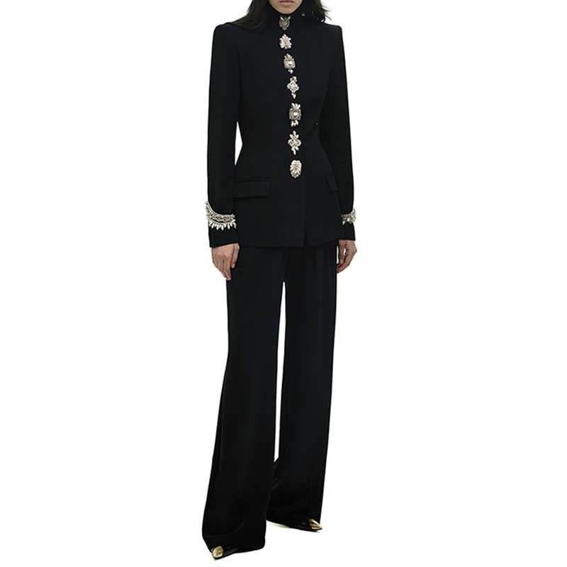 Elegant black tailored wide leg trousers suit for women with ornate buttons and stylish design