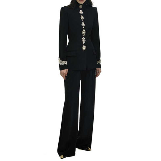 Elegant black tailored wide leg trousers suit for women with ornate buttons and stylish design