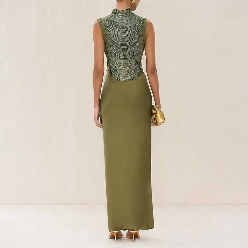 Stylish tassel turtleneck satin two-piece set in olive, featuring a fitted skirt and elegant draped top