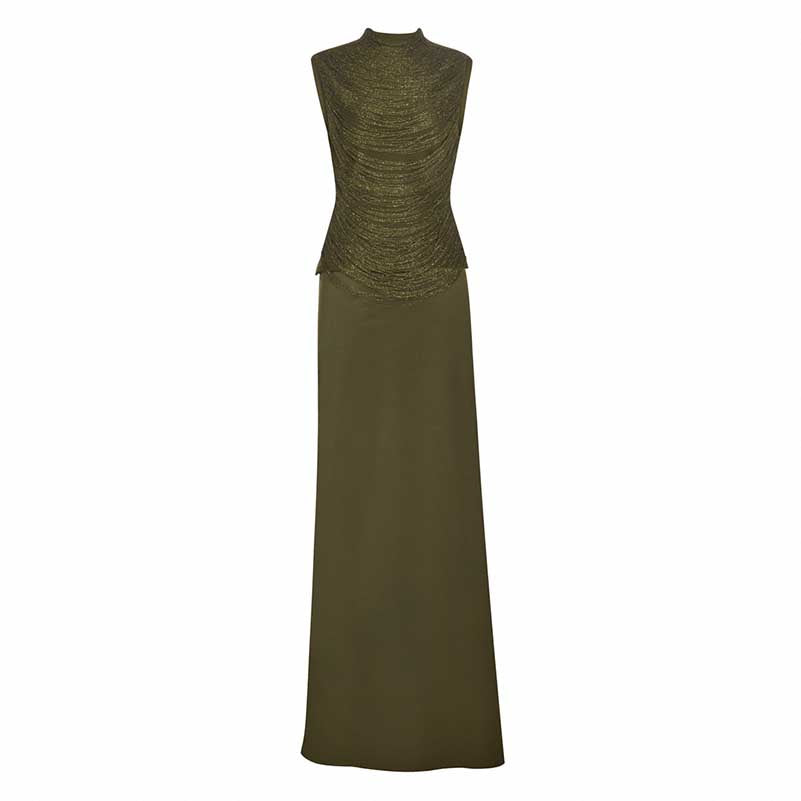 Tassel turtleneck satin two-piece set in olive green featuring a fitted top and long skirt for elegant occasions