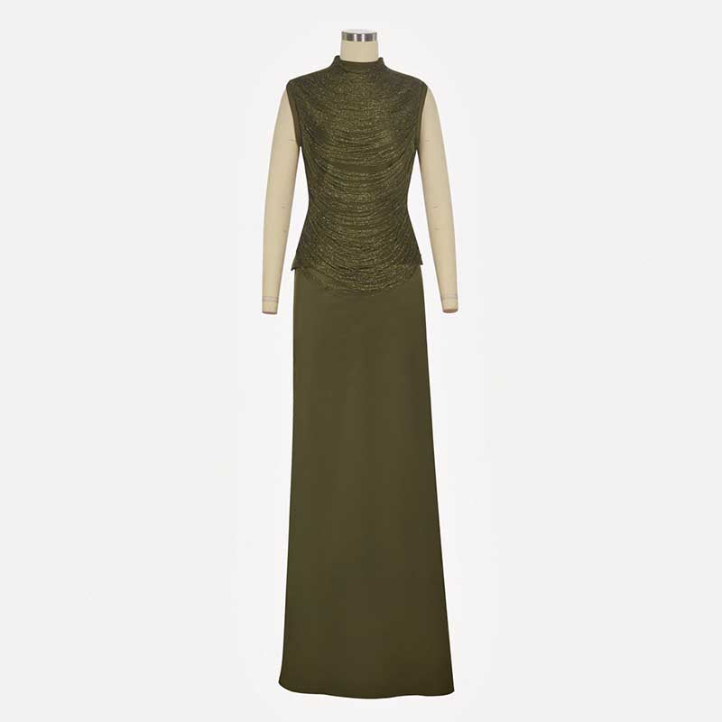 Tassel turtleneck satin two-piece set in olive green with fitted skirt and textured top