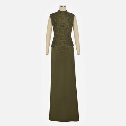 Tassel turtleneck satin two-piece set in olive green with fitted skirt and textured top