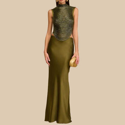 Elegant olive green tassel turtleneck satin two-piece set featuring a fitted skirt and stylish top