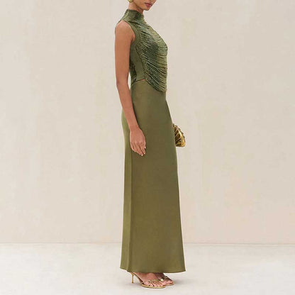 Elegant tassel turtleneck satin two-piece set featuring a fitted top and flowing skirt for formal occasions