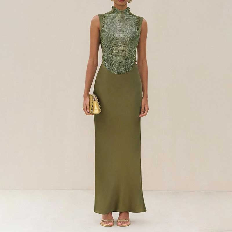 Elegant tassel turtleneck satin two-piece set in olive green for sophisticated occasions