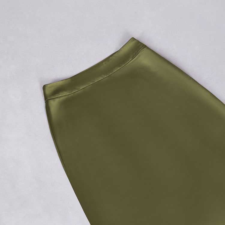 Olive green satin skirt from the tassel turtleneck satin two-piece set by SD Dresscode & Fashiontrends