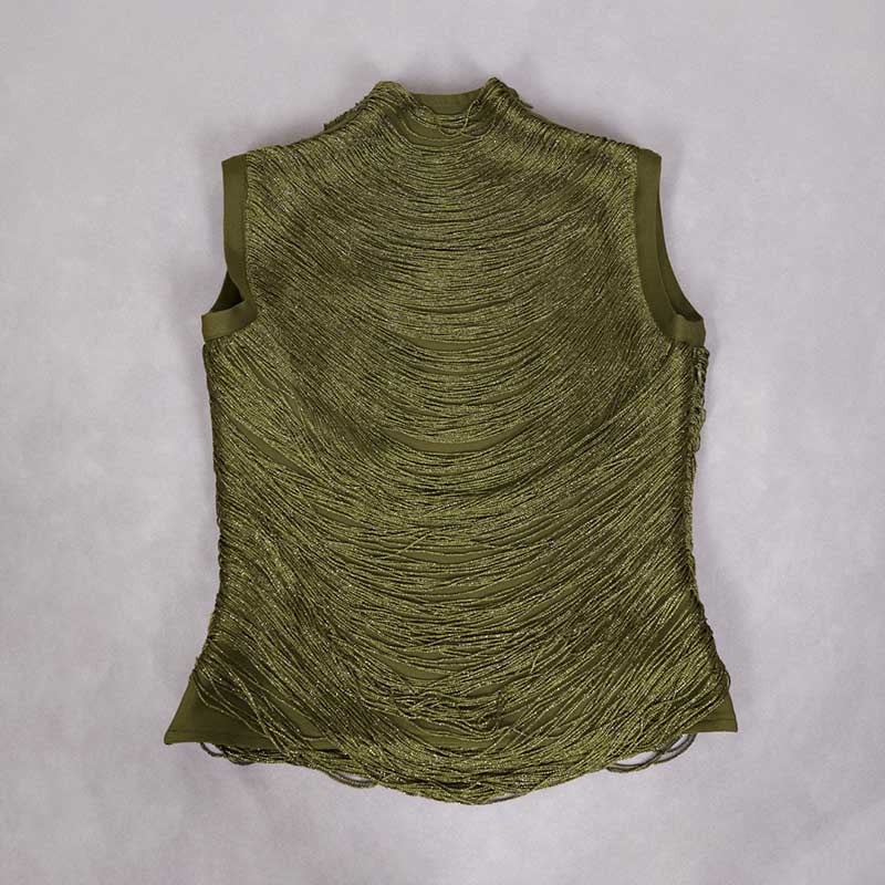 Back view of olive green tassel turtleneck satin two-piece set showcasing textured design and modern style