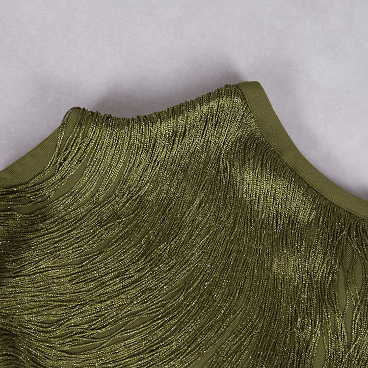 Close-up of the neckline of the tassel turtleneck satin two-piece set in olive green with textured design