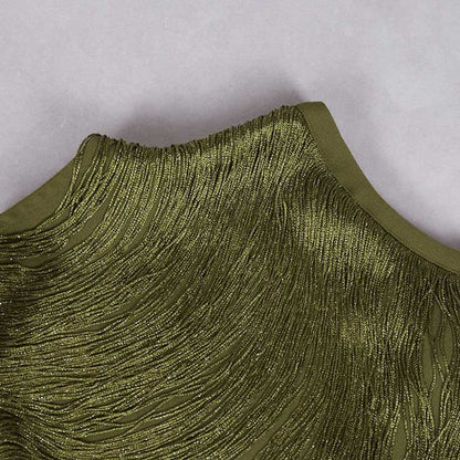 Close-up of the neckline of the tassel turtleneck satin two-piece set in olive green with textured design