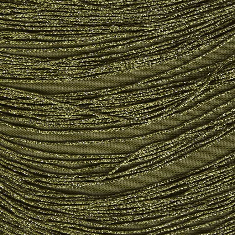 Close-up of olive green fabric featuring tassels for the tassel turtleneck satin two-piece set