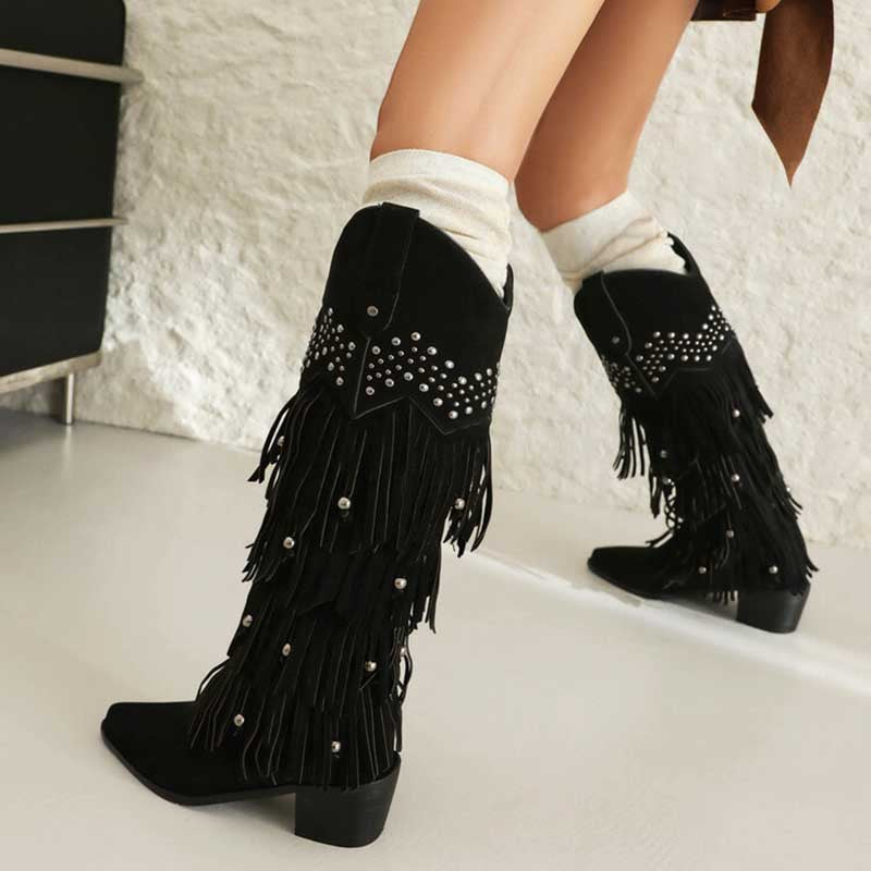 Vintage Tassel Boots Cowgirl Block Heel Pointy Toe Pull On Knee High Boots