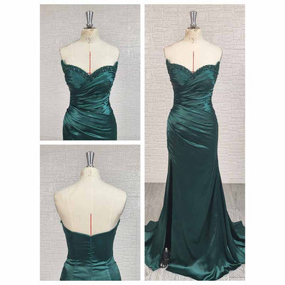 Emerald Green Strapless Satin High Split Prom Dress with Beads | Custom Evening Gown