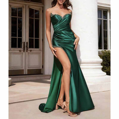 Emerald Green Strapless Satin High Split Prom Dress with Beads | Custom Evening Gown